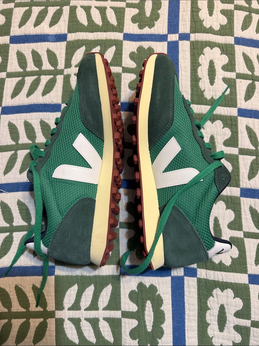 NWOT Veja Green and White Runner Sneakers with Brown Outsole